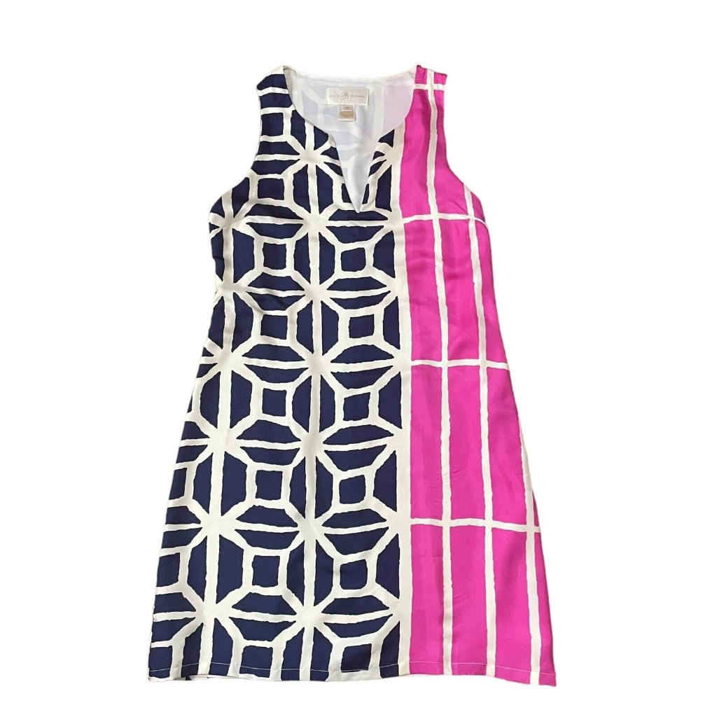 Jb Julie Brown Nyc Dress Womens 4 Pink Blue White Geo Print Retro Midi Sheath
